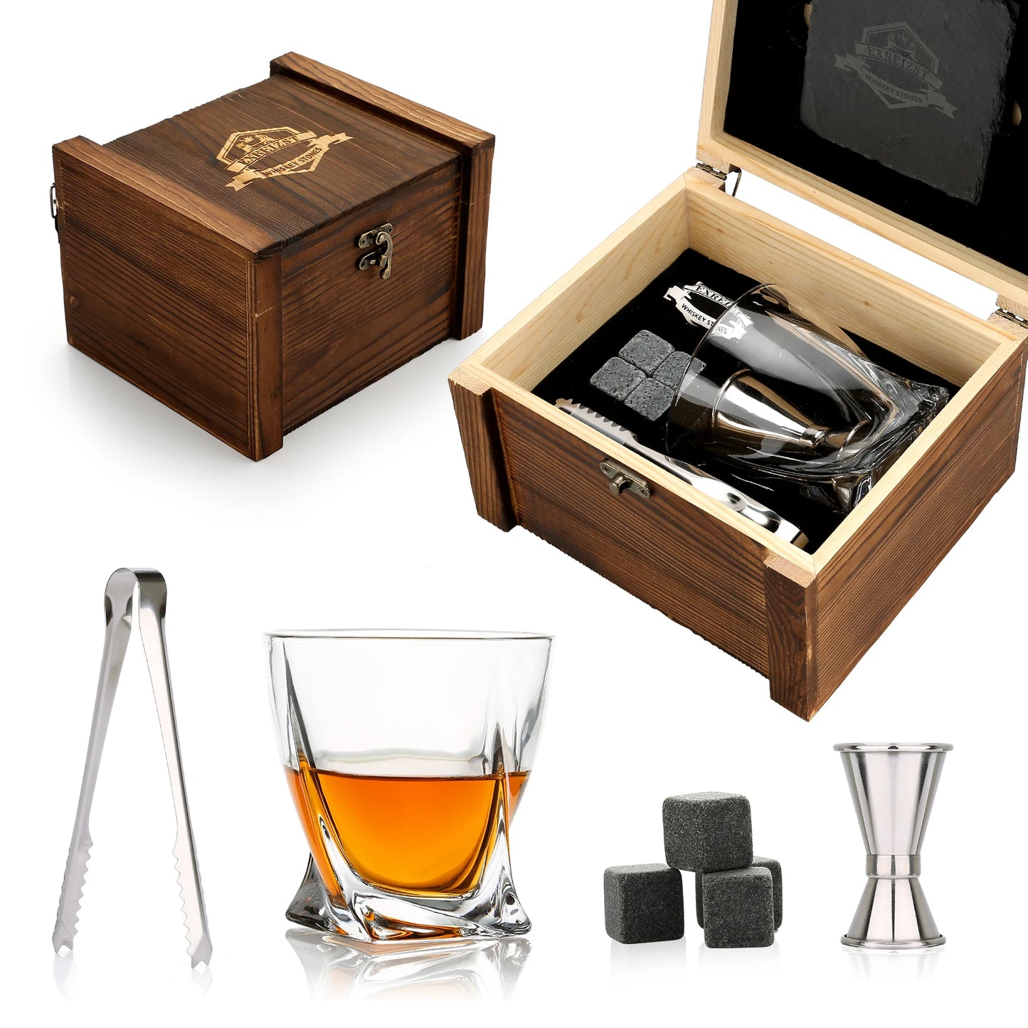 Signature Whisky Stones & Crystal Glass Gift Set in Wooden Box – Chilling Stones, Tongs & Premium Whisky Tumblers