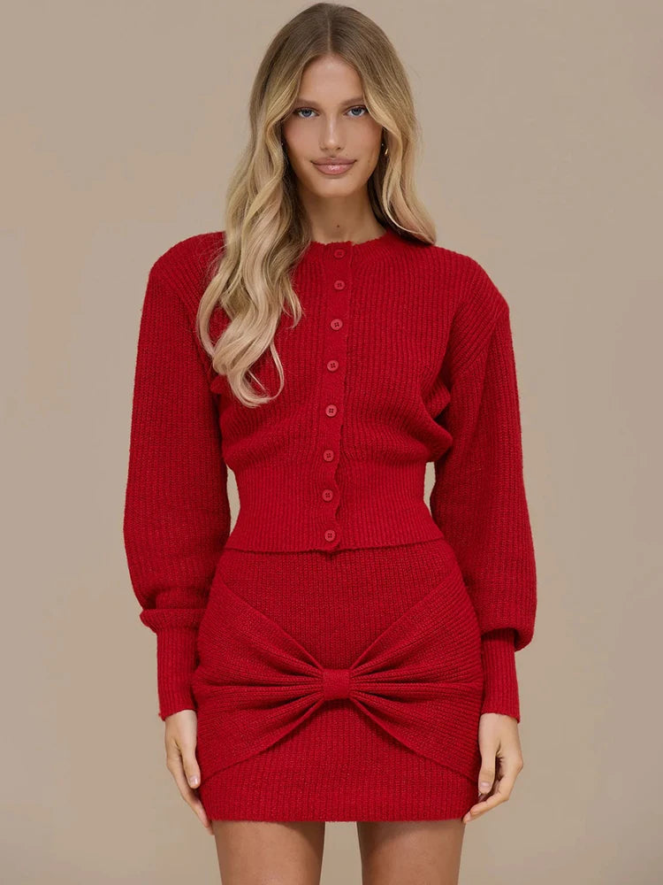 Marielle Knitted Cardigan and Mini Skirt Co-Ord Set – Elegant Women’s Knitwear Two Piece Outfit