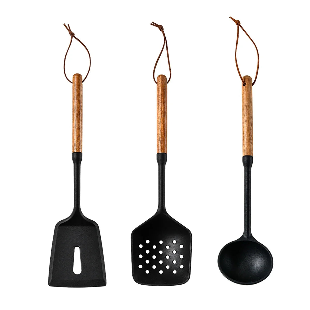 7-Piece Black Silicone Cooking Utensil Set with Wooden Handles – Non-Stick Heat Resistant Kitchen Tools