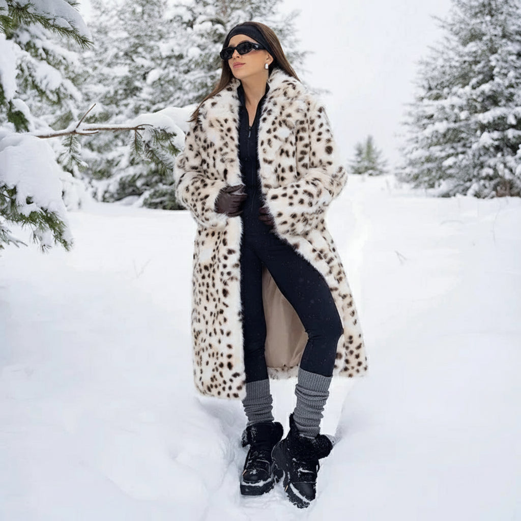 Avalisse Longline Plush Faux Fur Coat – Women’s Luxury Snow Leopard Winter Coat for Daywear, Evening & Occasion Outfits