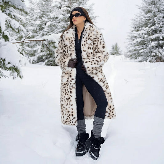 Avalisse Longline Plush Faux Fur Coat – Women’s Luxury Snow Leopard Winter Coat for Daywear, Evening & Occasion Outfits