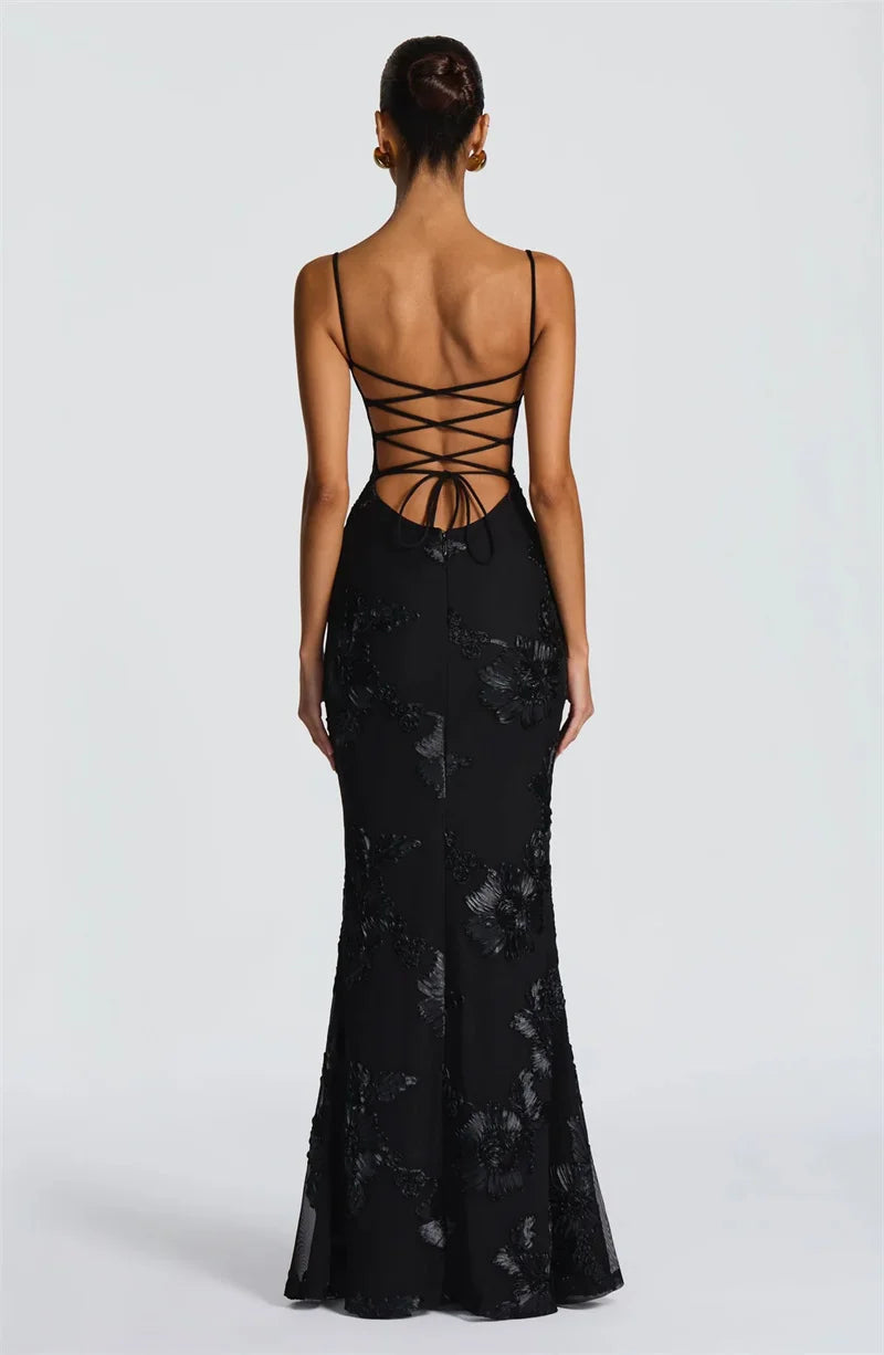 Zirelle Appliqué Lace-Up Maxi Dress – Sculpted Backless Bodycon Evening Gown for Formal Events & Wedding Guests