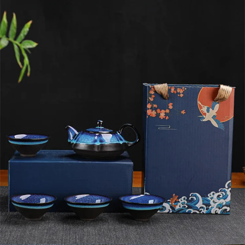 Midnight Blue Ceramic Teapot & Teacup Set – 5-Piece Traditional Style Tea Set with Gift Box