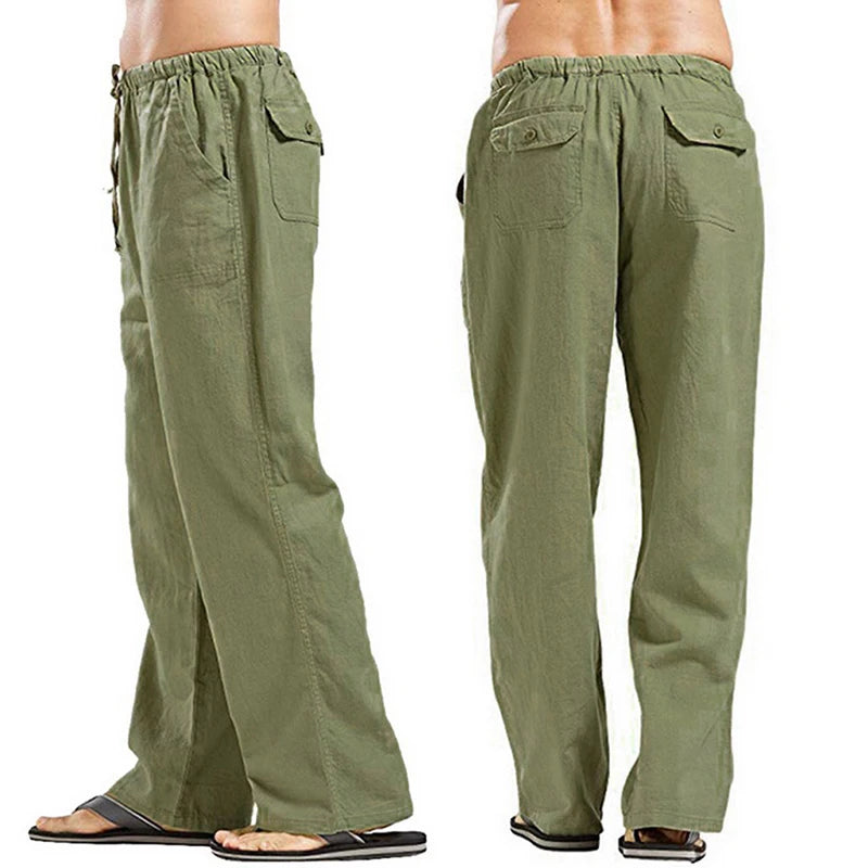 Men’s Wide-Leg Trousers – Relaxed Fit Elasticated Waist Drawstring Linen-Style Pants