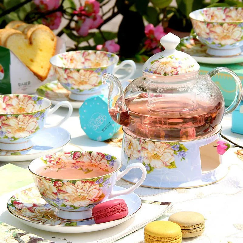 Floral English Tea Set with Glass Teapot & Porcelain Cups – Vintage Afternoon Tea Gift Set