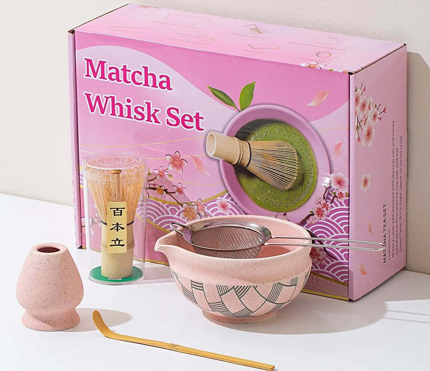 Yunari Japanese Matcha Tea Set – 5 Piece or 7 Piece Matcha Gift Set with Bamboo Whisk, Bowl and Sieve