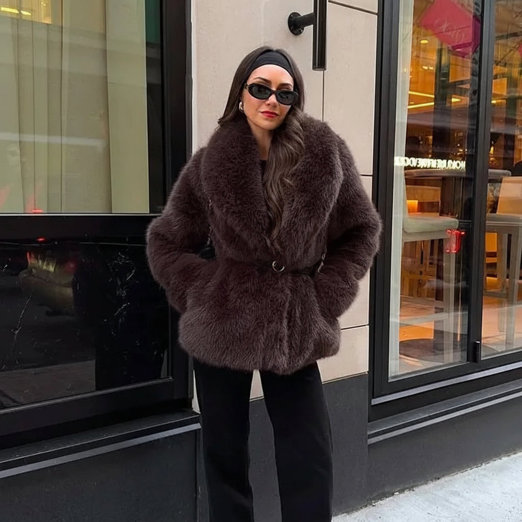 Marquelle Belted Plush Faux Fur Coat – Women’s Long Luxury Winter Jacket for Daywear and Evening Partywear