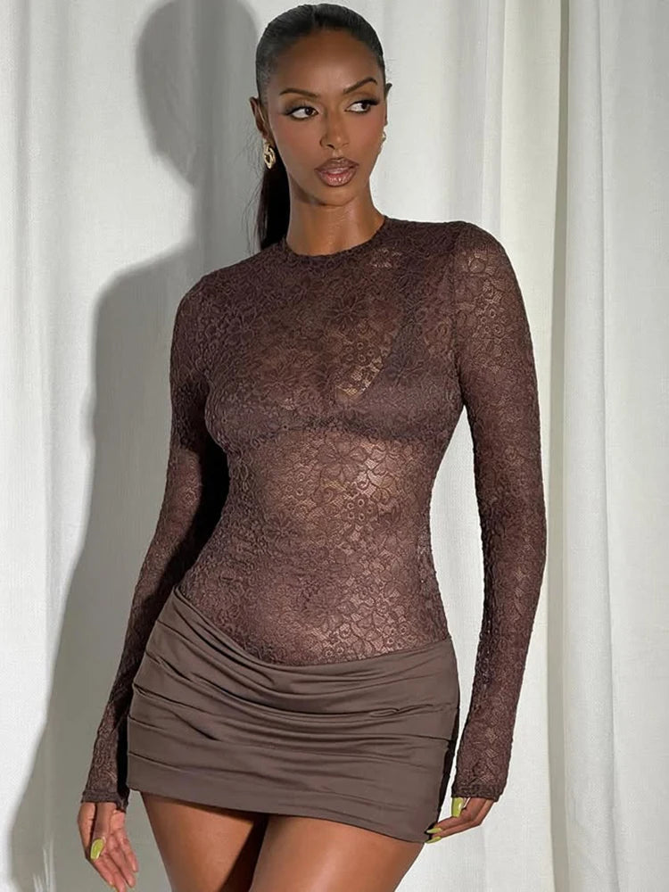 Rosalyn Lace Ruched Mini Dress – Brown Sheer Long Sleeve Partywear & Evening Dress