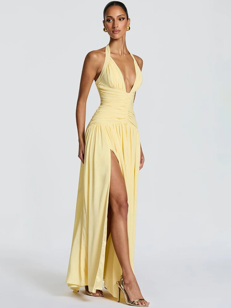 Elira Halter Neck Maxi Dress – Deep V Backless Evening Gown, Ruched High Split Wedding Guest Dress & Partywear
