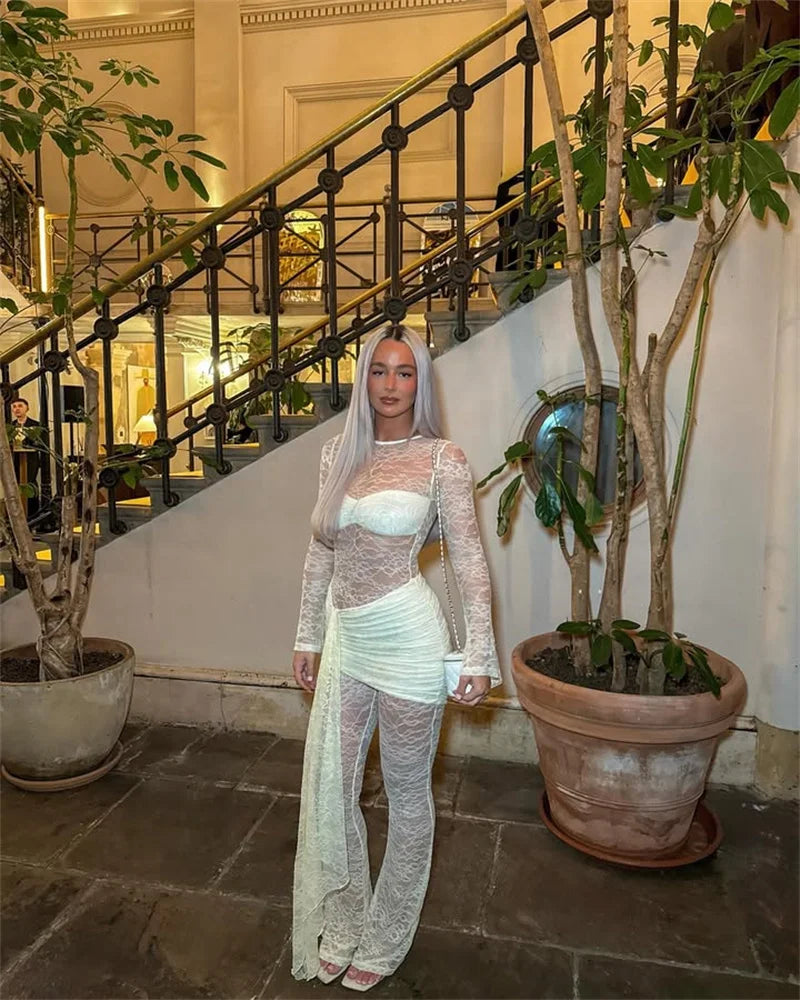 Vionara Lace Sheer Jumpsuit with Draped Wrap Detail – Long Sleeve Mesh Eveningwear for Party & Occasion Outfits