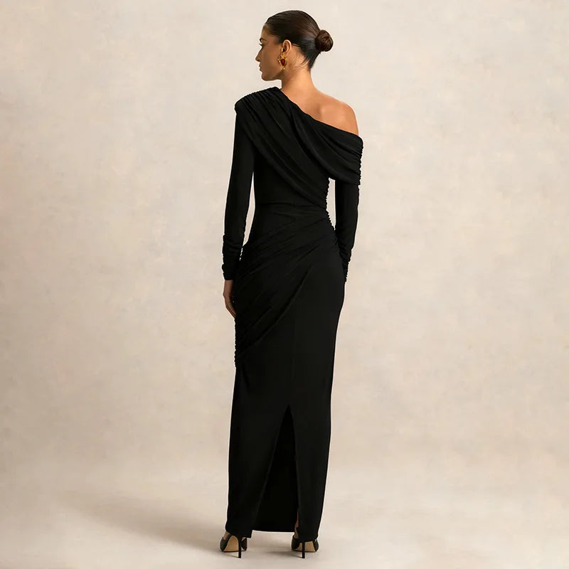 Calyssa Asymmetric One-Shoulder Ruched Maxi Dress – Long Sleeve Eveningwear & Wedding Guest Gown