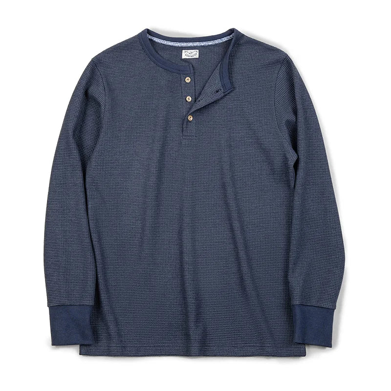 Hadley Men’s Waffle Knit Henley Top – Navy Long Sleeve Waffle T-Shirt Style Button Neck Casual Layering Top