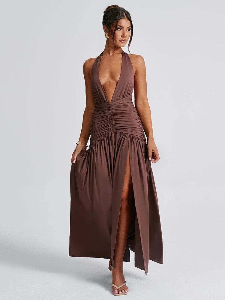 Plunge Ruched Halter Maxi Dress with High Slit