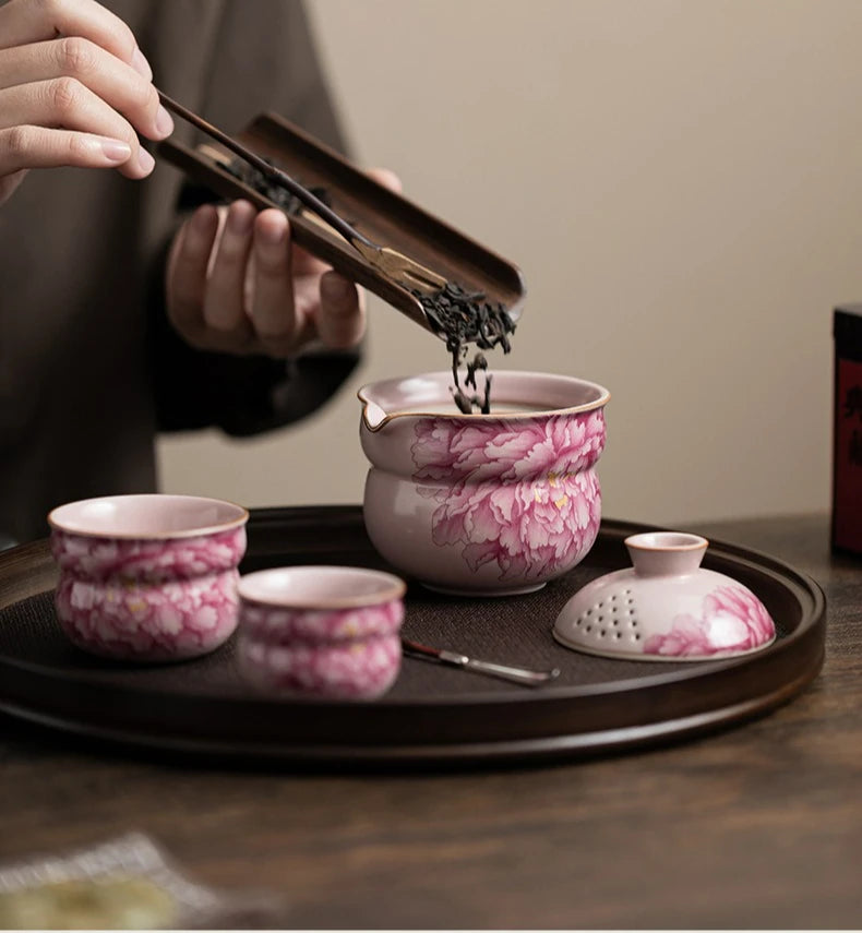 Peony Bloom Handmade Tea Set – Portable Ceramic Travel Tea Set with Teapot and Cups, Floral Tea Set Gift with Case