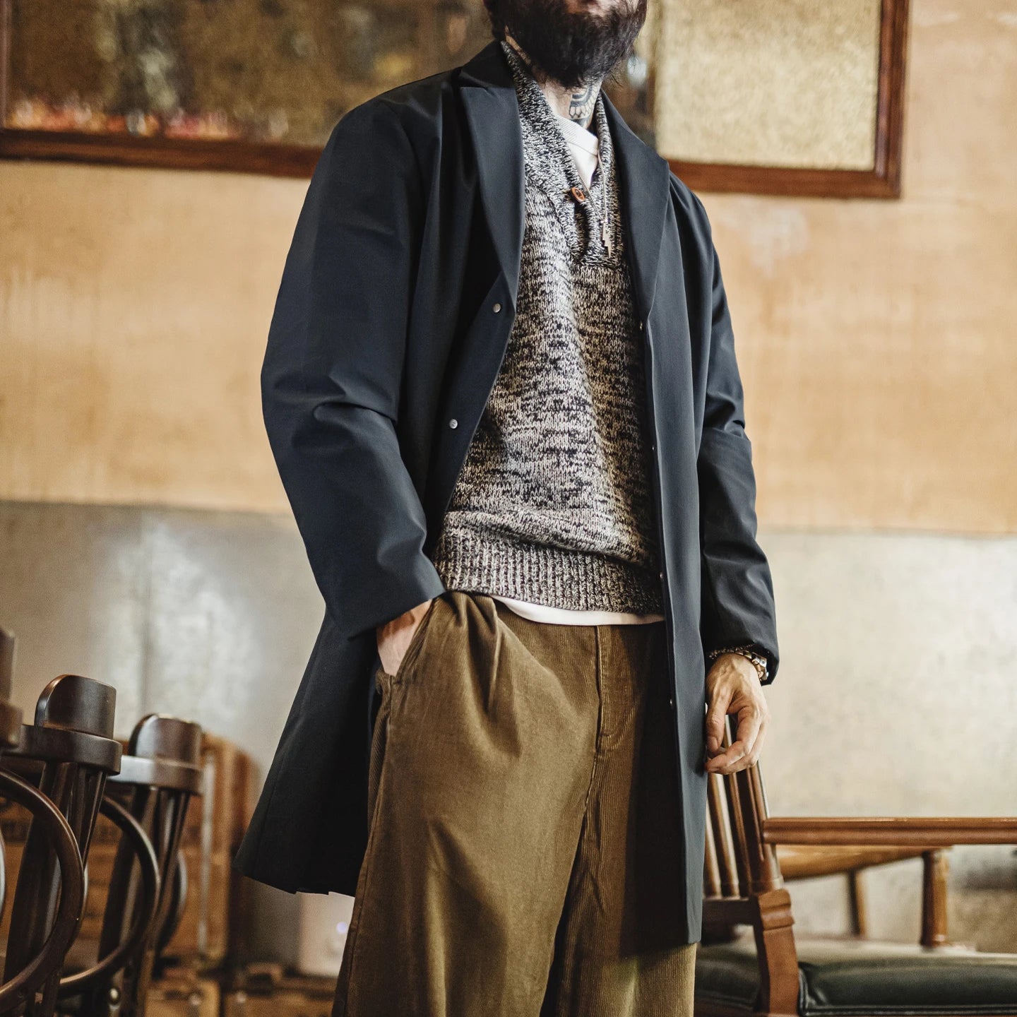 Arleston Single-Breasted Overcoat – Men’s Long Navy Jacket with Lapel Collar & Pockets