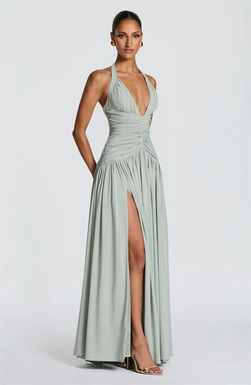 Elira Halter Neck Maxi Dress – Deep V Backless Evening Gown, Ruched High Split Wedding Guest Dress & Partywear