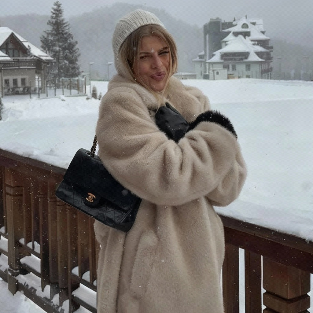 Brunelle Long Plush Faux Fur Belted Coat – Women’s Luxury Winter Faux Mink Jacket in Mocha Mink & Ivory Mink