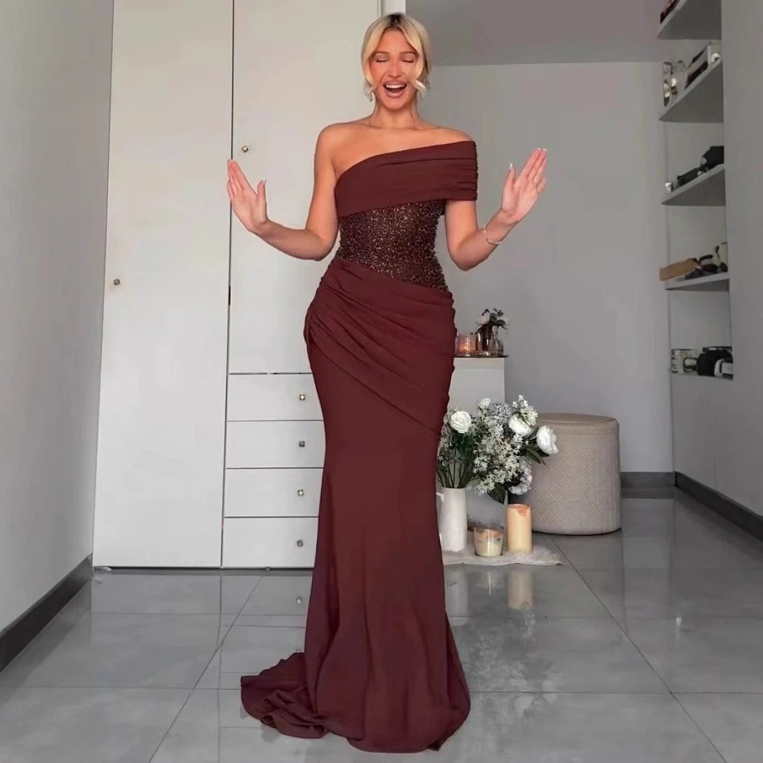 Lunéa One Shoulder Sequin Waist Maxi Dress – Ruched Evening & Wedding Guest Gown