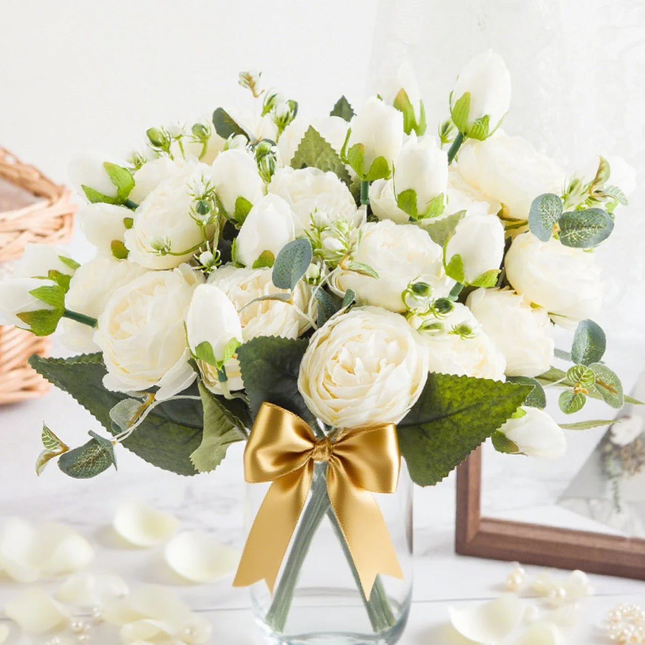 Peonelle Silk Peony Flower Bundle – 5 Head Faux Peony Stem with Buds Decorative Floral Arrangement