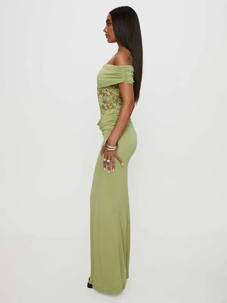 Eloria Off Shoulder Lace Maxi Dress – Bodycon Evening Dress, Elegant Green Party & Occasion Dress