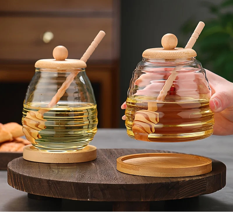 Ravello Glass Honey Jar with Wooden Lid and Dipper – 300ml /400ml/500ml Honey Pot Dispenser with Drizzle Stick for Kitchen Storage and Serving