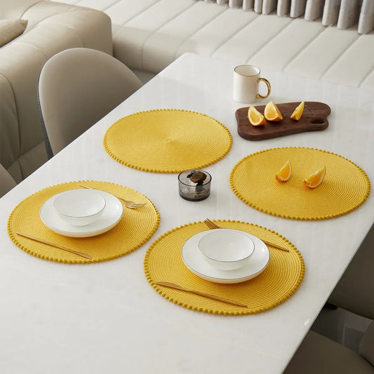 Round Beaded Edge Dining Placemats – Set of 4 Wipeable Heat-Resistant Table Mats for Indoor & Outdoor Use
