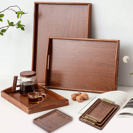 Wooden Serving Tray with Raised Edges – Rectangular Decorative Tea & Food Tray for Kitchen or Living Room