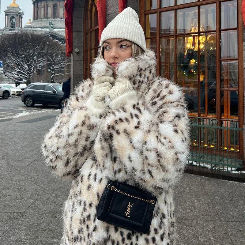 Avalisse Longline Plush Faux Fur Coat – Women’s Luxury Snow Leopard Winter Coat for Daywear, Evening & Occasion Outfits