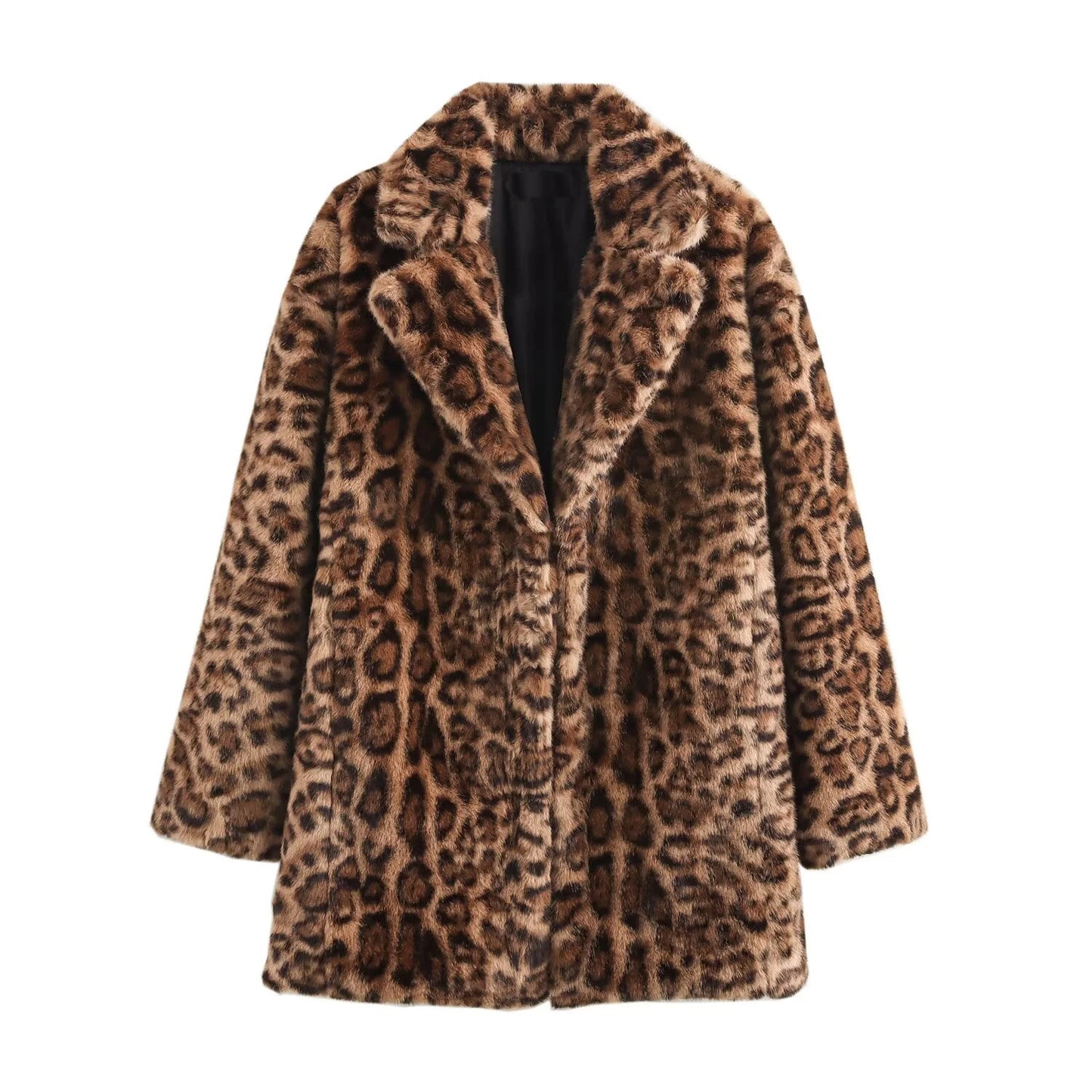 Corvelle Faux Fur Winter Jacket – Soft Plush Leopard Print Coat with Long Sleeves and Lapel Collar