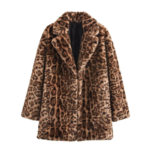 Corvelle Faux Fur Winter Jacket – Soft Plush Leopard Print Coat with Long Sleeves and Lapel Collar