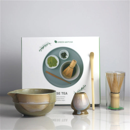 Premium Matcha Tea Set – 4 Piece Starter Kit with Bamboo Whisk, Ceramic Bowl, Scoop & Holder