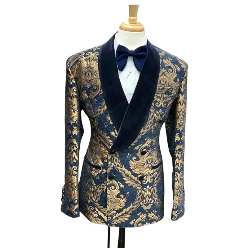Cavendish Men’s Slim Fit Navy & Gold Brocade Dinner Jacket – Double-Breasted Velvet Shawl Lapel Tuxedo Blazer for Weddings & Black-Tie Events