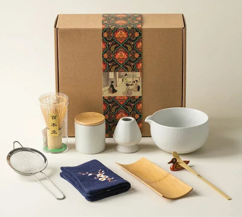 Traditional Japanese Matcha Set – 9 Piece Tea Ceremony Gift Box with Bowl, Whisk & Accessories (Pink, Green, White)