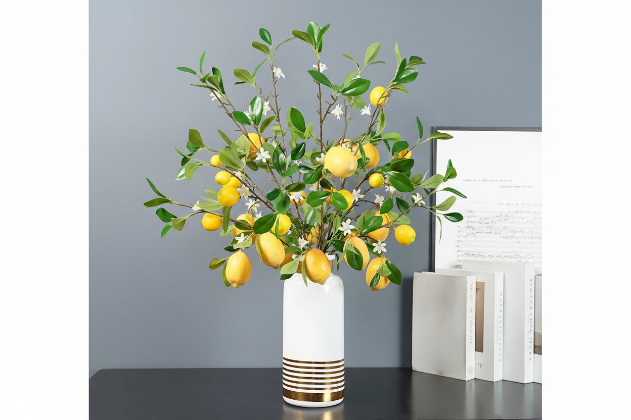 Sorrento Lemon Branch – Lemon Stem with Blossom Detail for Vase Arrangements and Kitchen Décor
