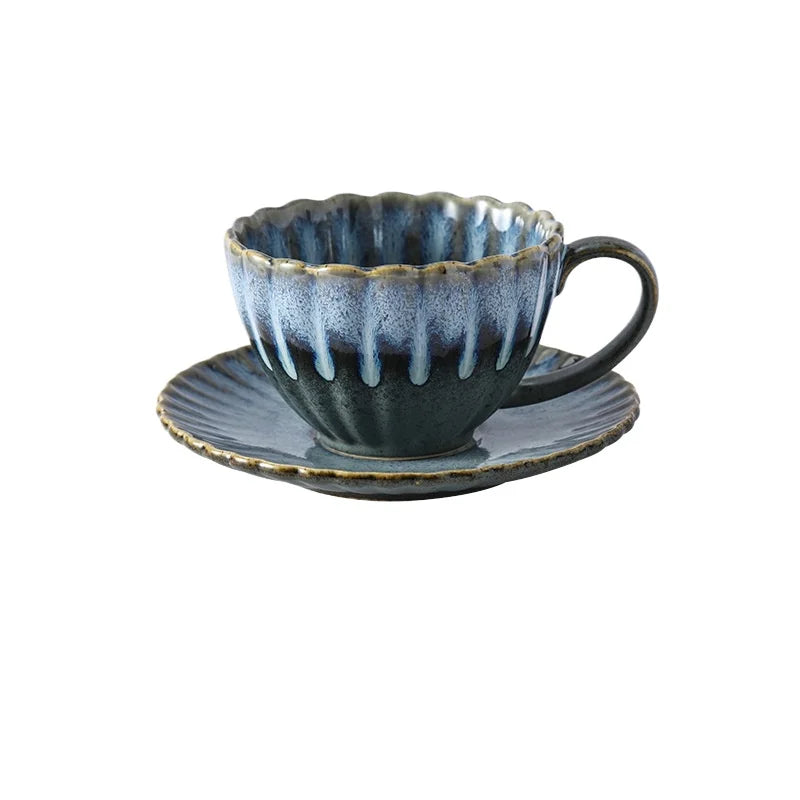 Aurevian Ribbed Coffee and Tea Cup and Saucer Set – Textured Ceramic Cup 200ml Signature Tableware