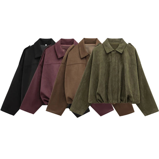 Sarvenna Faux Suede Balloon Bomber Jacket – Women’s Oversized Jacket in Black, Claret, Mocha & Khaki