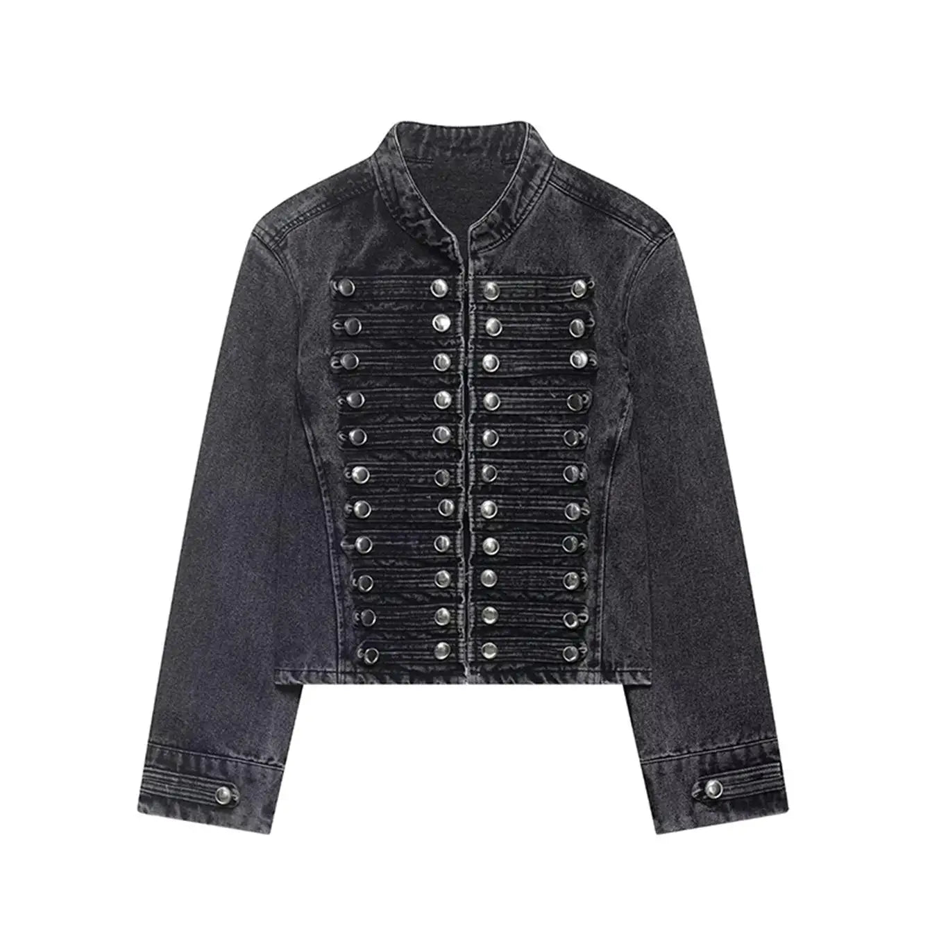 Elarique Military Button Denim Jacket – Cropped Collarless Women's Jacket