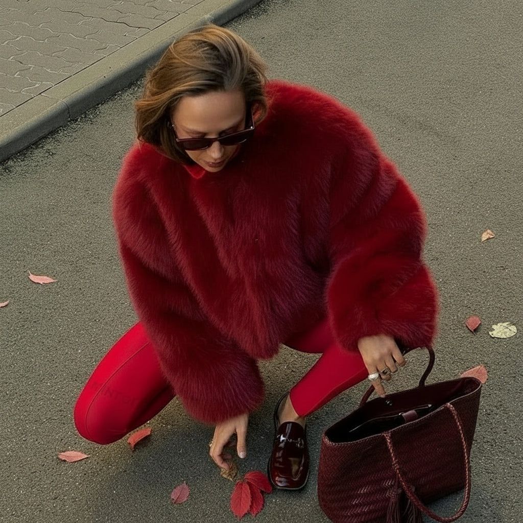 Noelinne Cropped Faux Fur Jacket – Women’s Red Fluffy Faux Fur Coat for Winter Outfits, Festive Evenings & Party Season Style