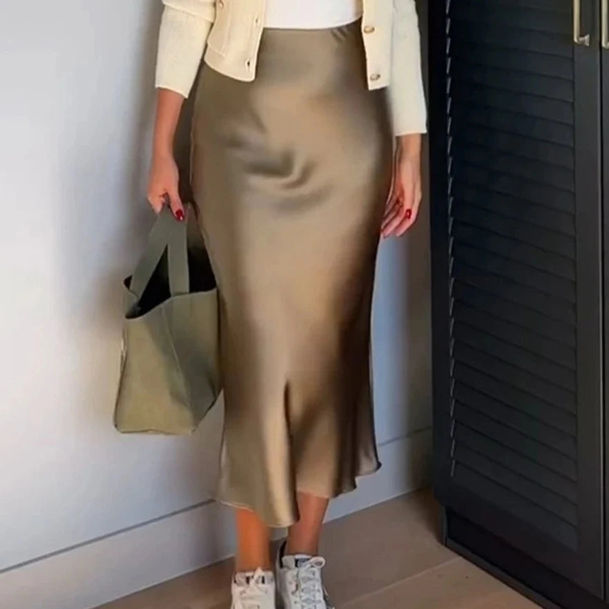 Opulent Grace Satin Bias Cut Midi Skirt