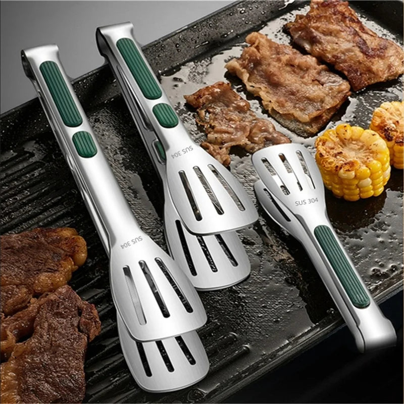 Stainless Steel BBQ Tongs With Green Wide Grip Handle – Non-Slip Kitchen & Grill Food Turner Clip