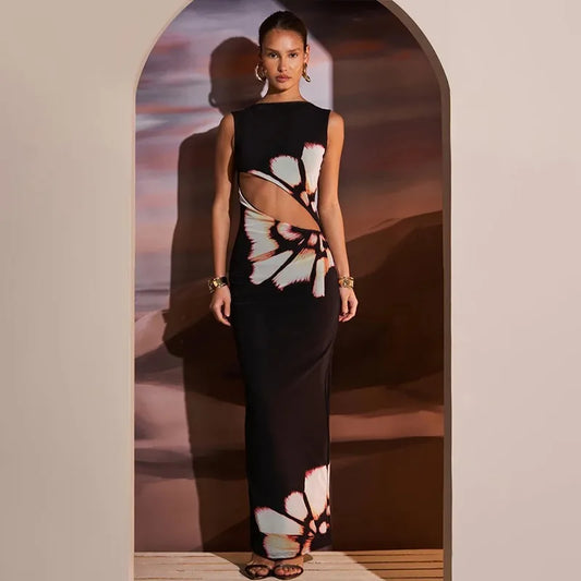 Azariah Black Floral Cut-Out Maxi Dress – Elegant Sleeveless Summer Gown with Statement Print