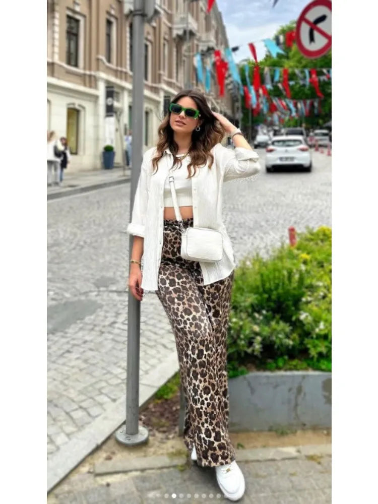Leopard Print High Waisted Wide-Leg Pants