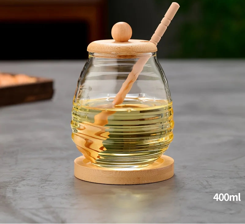 Ravello Glass Honey Jar with Wooden Lid and Dipper – 300ml /400ml/500ml Honey Pot Dispenser with Drizzle Stick for Kitchen Storage and Serving