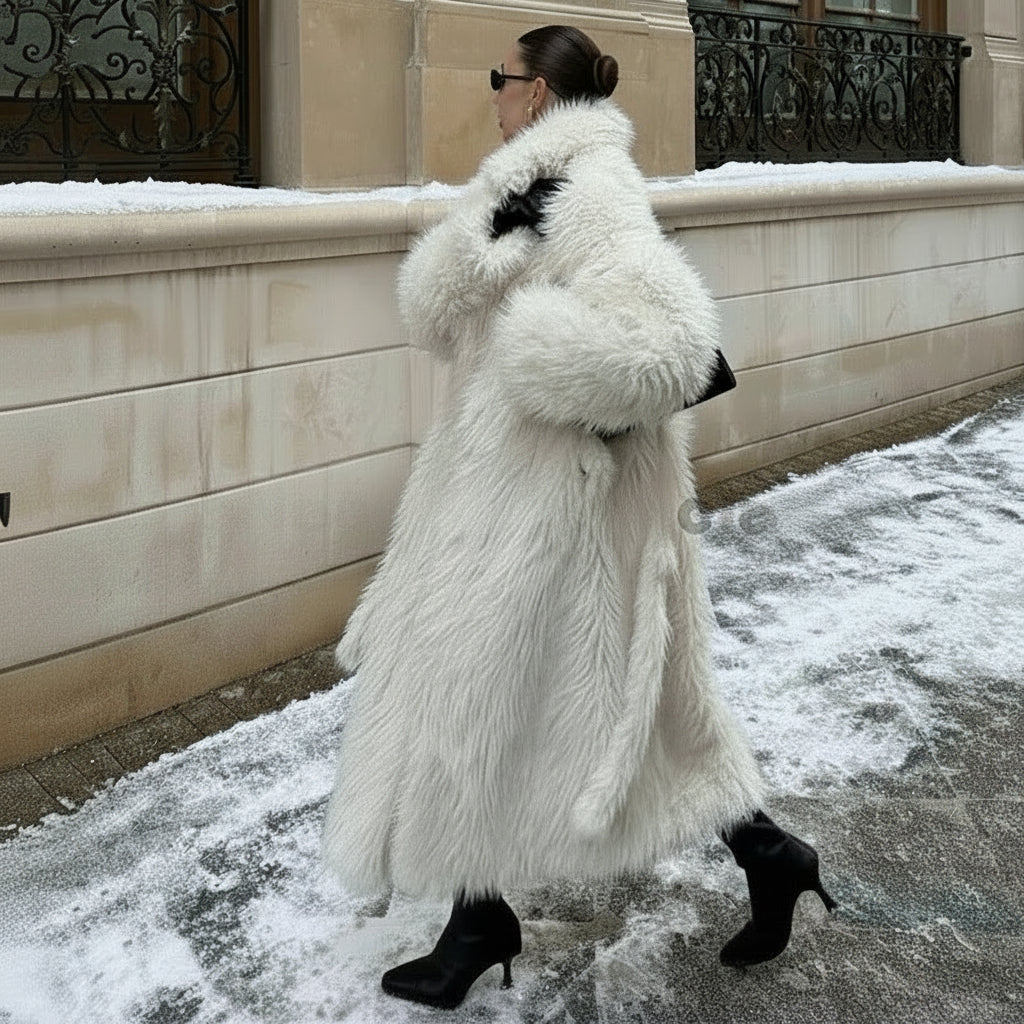 Avalora Longline Plush Faux Fur Coat – Women’s Luxury White Faux Mink Statement Winter Coat for Daywear, Evening & Occasion Looks