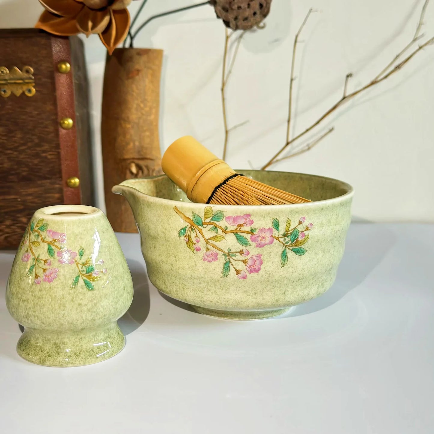 Traditional Japanese Matcha Tea Set – 5 Piece Sakura Matcha Bowl, Whisk, Scoop, Sieve & Holder Gift Kit