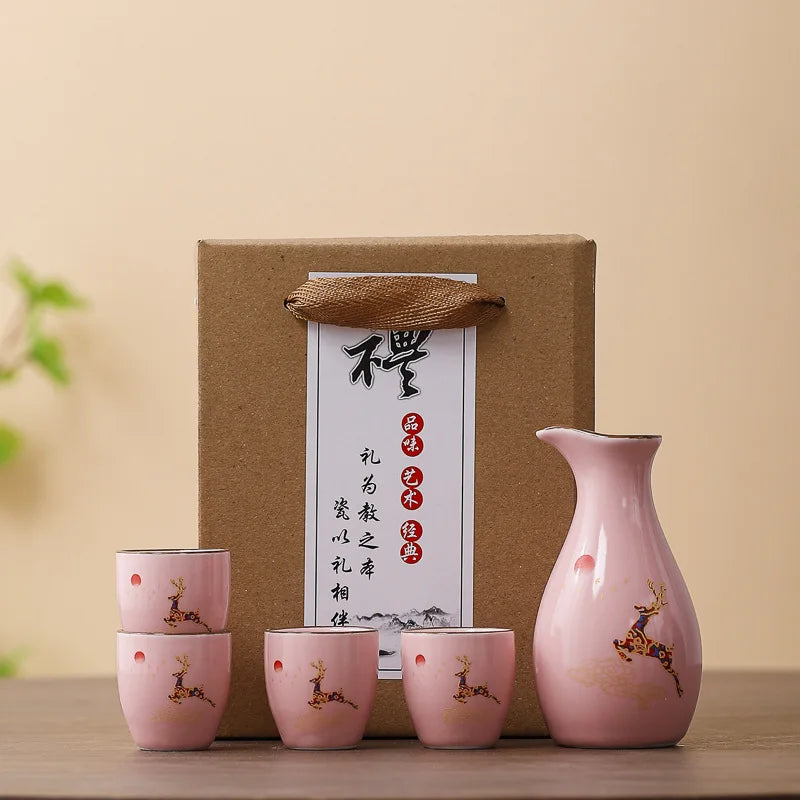 Sakura Blossom Ceramic Sake Gift Set – 5 Piece Sake Carafe and Cup Set