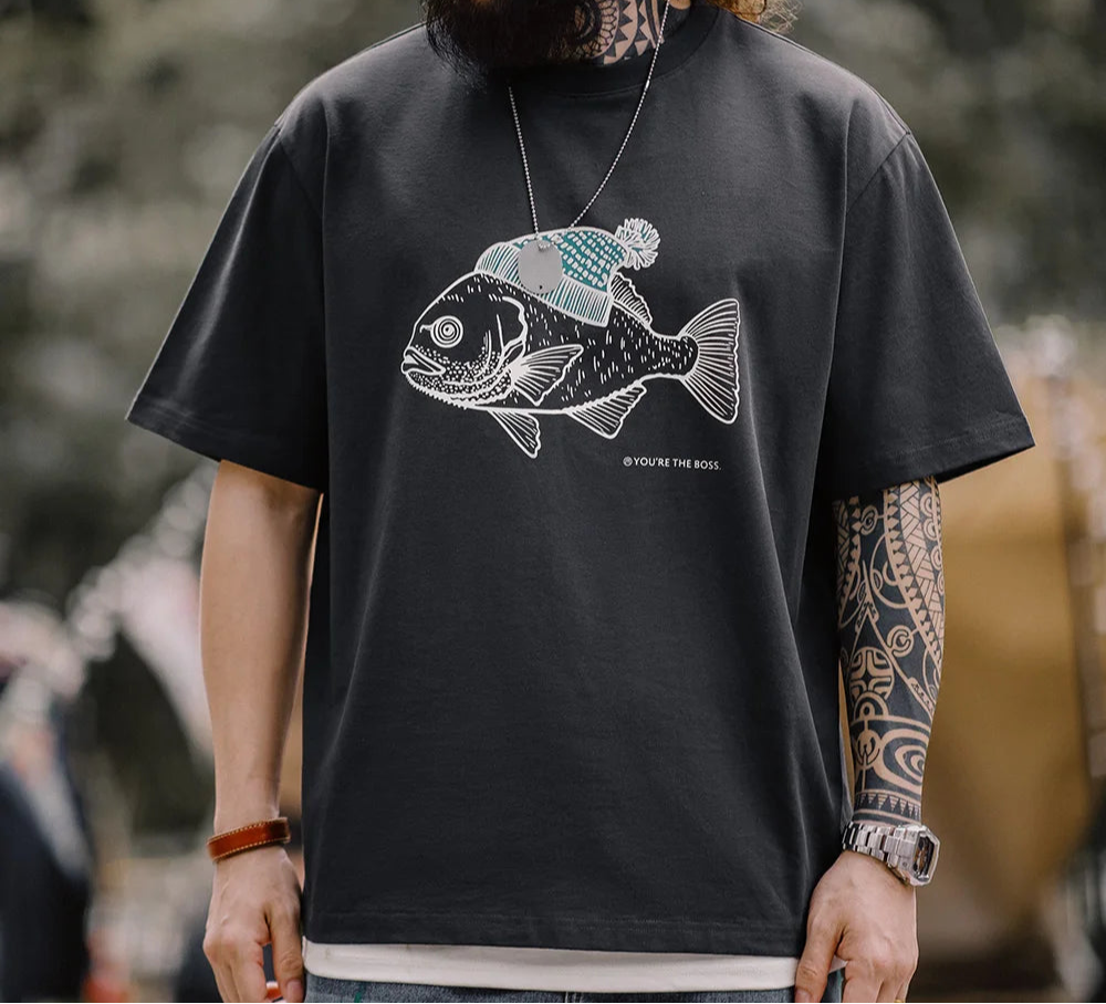 Boss Fish Graphic Cotton T-Shirt – Men’s Oversized Round Neck Short Sleeve Tee