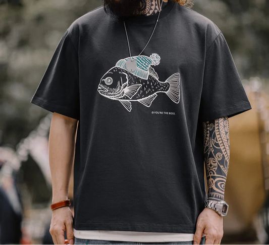 Boss Fish Graphic Cotton T-Shirt – Men’s Oversized Round Neck Short Sleeve Tee