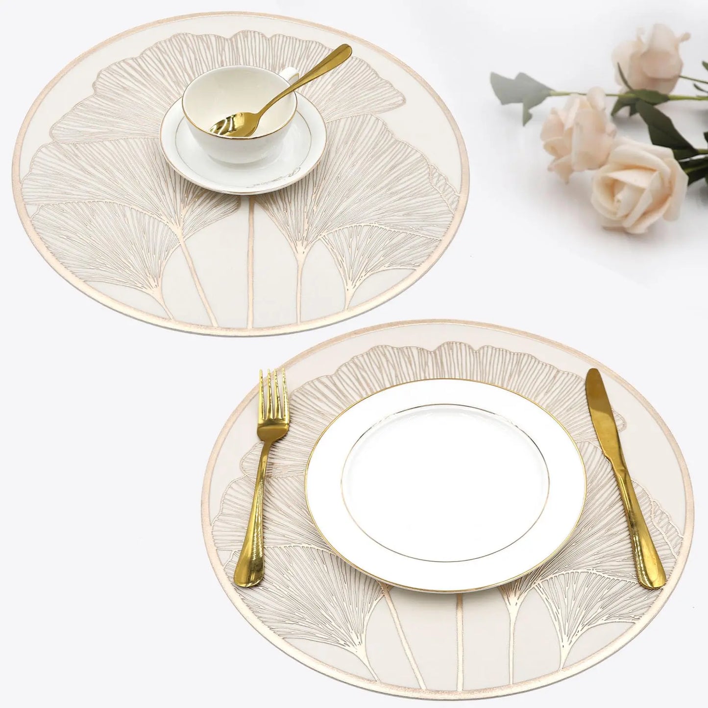 Ginkgo Leaf Round Dining Placemats – 6 Piece Set Non Slip Waterproof Table Mats 38cm Heat Resistant Wipe Clean Dining Table Mats