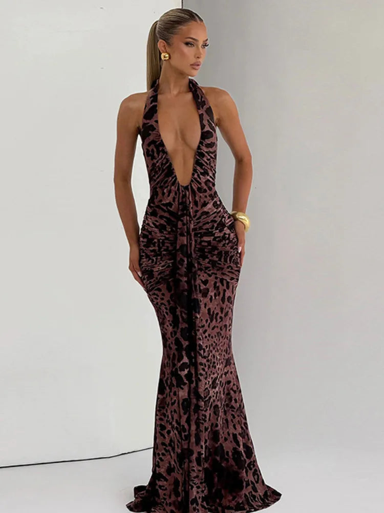 Zayara Halter Leopard Print Maxi Dress – Plunge Ruched Bodycon Evening Dress for Women’s Partywear & Formal Events